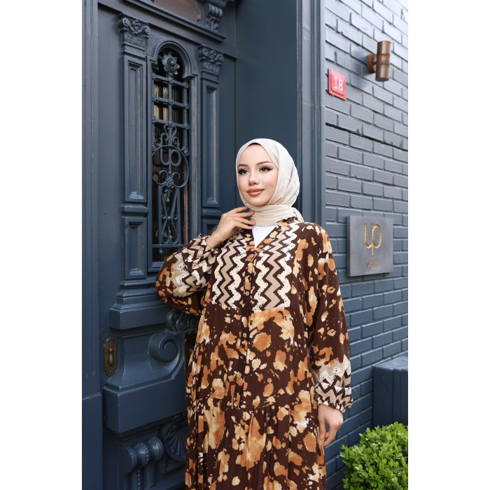 Kadın Kahve %100 Viskon Pamuklu V Yaka Alaçatı Model Kat Kat Elbise V896