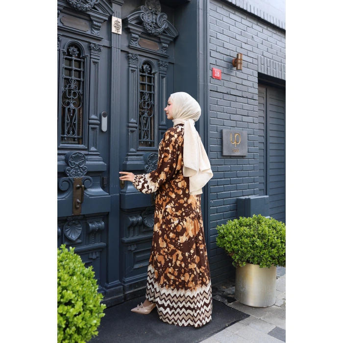 Kadın Kahve %100 Viskon Pamuklu V Yaka Alaçatı Model Kat Kat Elbise V896