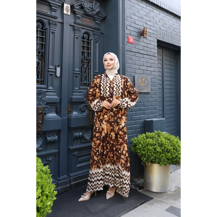 Kadın Kahve %100 Viskon Pamuklu V Yaka Alaçatı Model Kat Kat Elbise V896