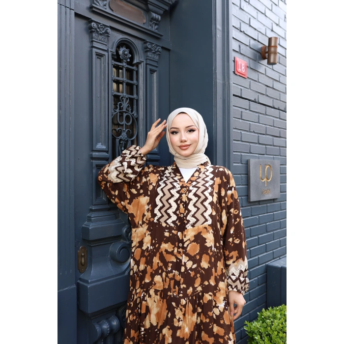 Kadın Kahve %100 Viskon Pamuklu V Yaka Alaçatı Model Kat Kat Elbise V896