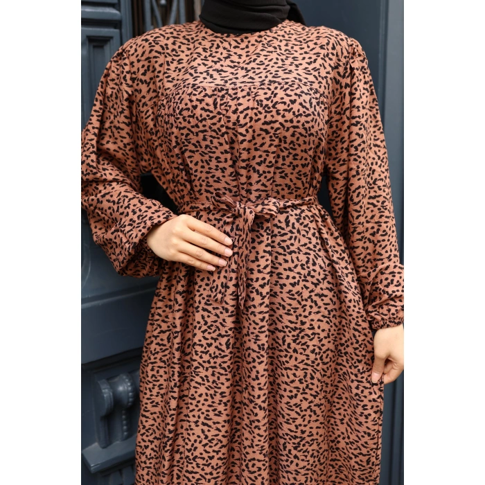 KADIN Kahve %100 Viskon Robalı Salaş Model Kuşaklı Battal Maxi Boy Tesettür Elbise Vbtl3324