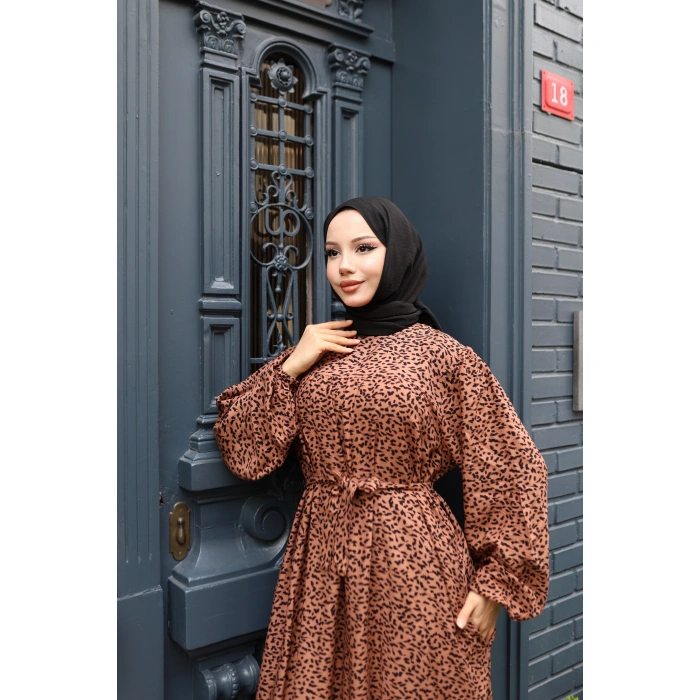 KADIN Kahve %100 Viskon Robalı Salaş Model Kuşaklı Battal Maxi Boy Tesettür Elbise Vbtl3324