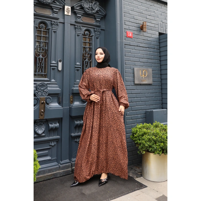 KADIN Kahve %100 Viskon Robalı Salaş Model Kuşaklı Battal Maxi Boy Tesettür Elbise Vbtl3324