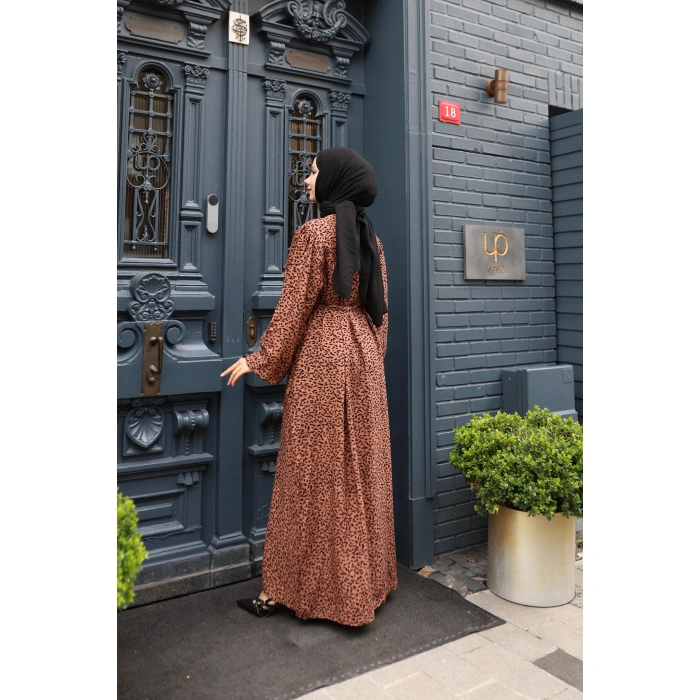 KADIN Kahve %100 Viskon Robalı Salaş Model Kuşaklı Battal Maxi Boy Tesettür Elbise Vbtl3324