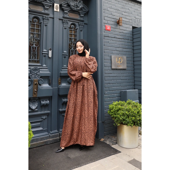 KADIN Kahve %100 Viskon Robalı Salaş Model Kuşaklı Battal Maxi Boy Tesettür Elbise Vbtl3324