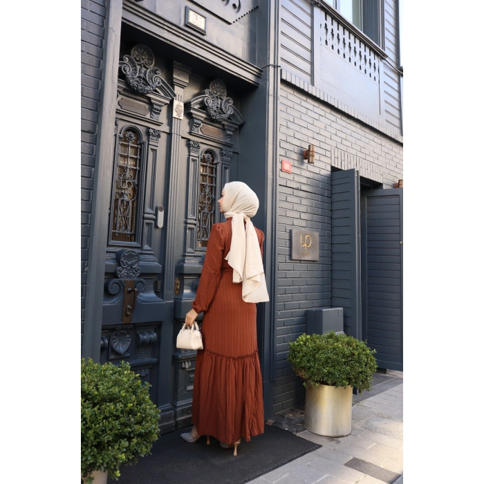 KADIN Kahve Boydan Düğmeli Eteği Piliseli Kuşaklı Lara Keten Uzun Tesettür Elbise