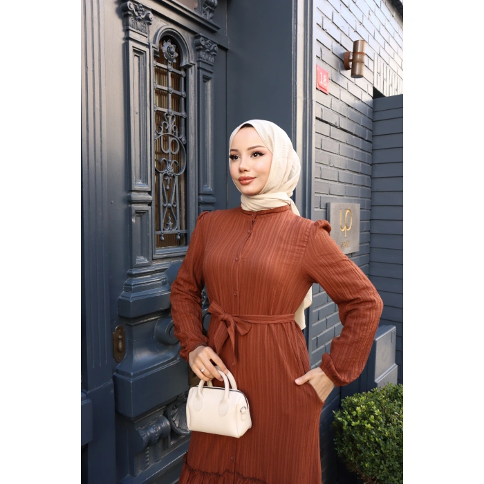 KADIN Kahve Boydan Düğmeli Eteği Piliseli Kuşaklı Lara Keten Uzun Tesettür Elbise