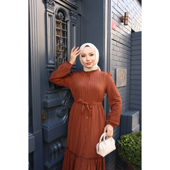 KADIN Kahve Boydan Düğmeli Eteği Piliseli Kuşaklı Lara Keten Uzun Tesettür Elbise