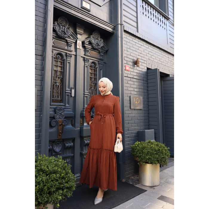 KADIN Kahve Boydan Düğmeli Eteği Piliseli Kuşaklı Lara Keten Uzun Tesettür Elbise