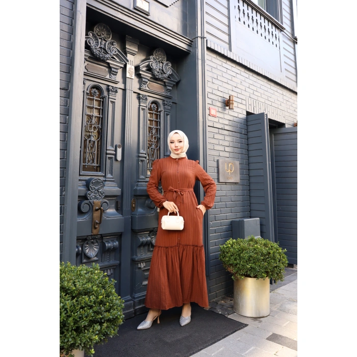 KADIN Kahve Boydan Düğmeli Eteği Piliseli Kuşaklı Lara Keten Uzun Tesettür Elbise