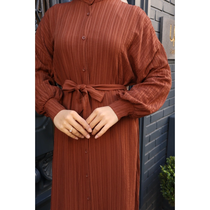 KADIN Kahve Boydan Düğmeli Yarasa Kol Kuşaklı Lara Keten Uzun Tesettür Elbise