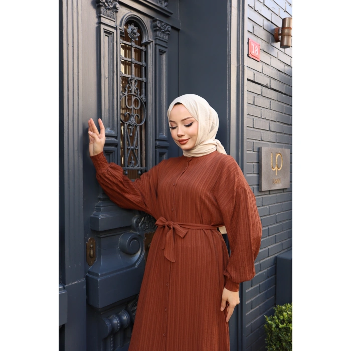 KADIN Kahve Boydan Düğmeli Yarasa Kol Kuşaklı Lara Keten Uzun Tesettür Elbise