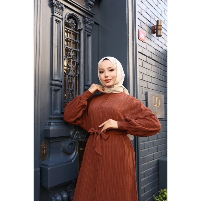 KADIN Kahve Boydan Düğmeli Yarasa Kol Kuşaklı Lara Keten Uzun Tesettür Elbise