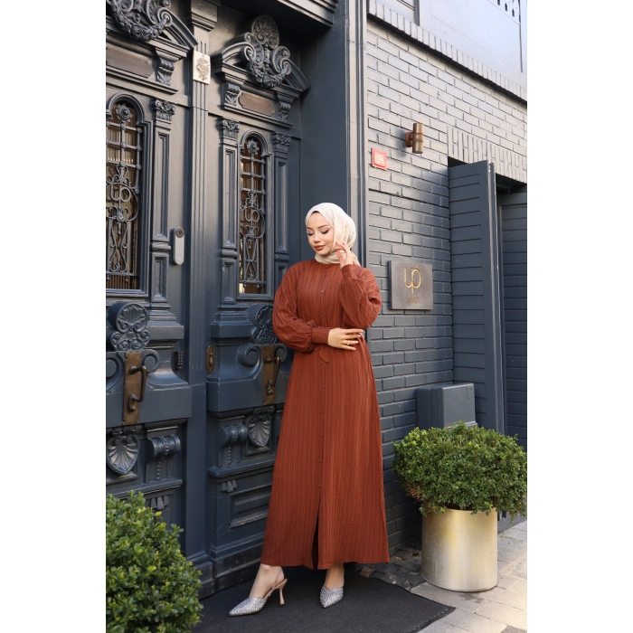 KADIN Kahve Boydan Düğmeli Yarasa Kol Kuşaklı Lara Keten Uzun Tesettür Elbise