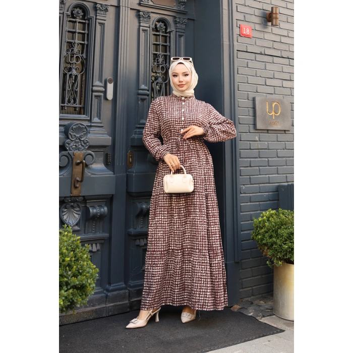 KADIN Kahve Viskon % 100 Pamuklu Belden Bağcıklı Önü Düğmeli Çıtır Kat Kat Tesettür Elbise vs6263