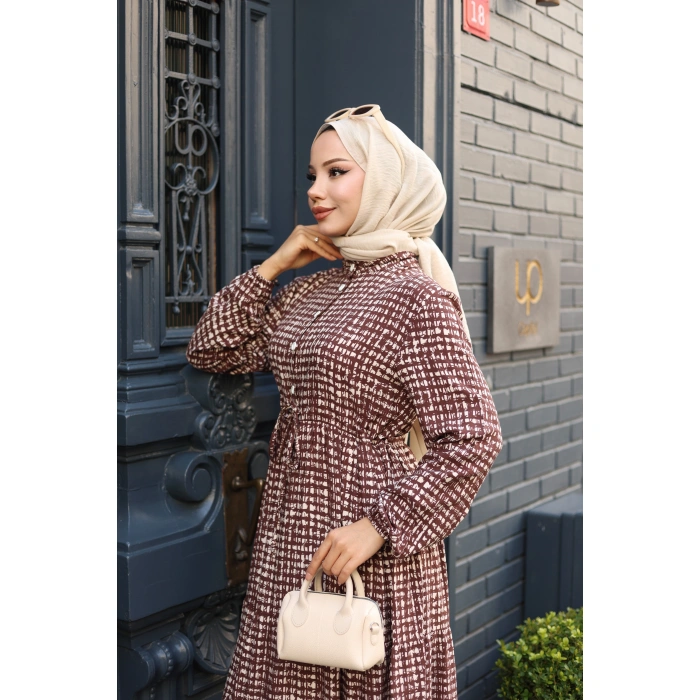 KADIN Kahve Viskon % 100 Pamuklu Belden Bağcıklı Önü Düğmeli Çıtır Kat Kat Tesettür Elbise vs6263