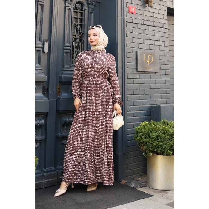 KADIN Kahve Viskon % 100 Pamuklu Belden Bağcıklı Önü Düğmeli Çıtır Kat Kat Tesettür Elbise vs6263