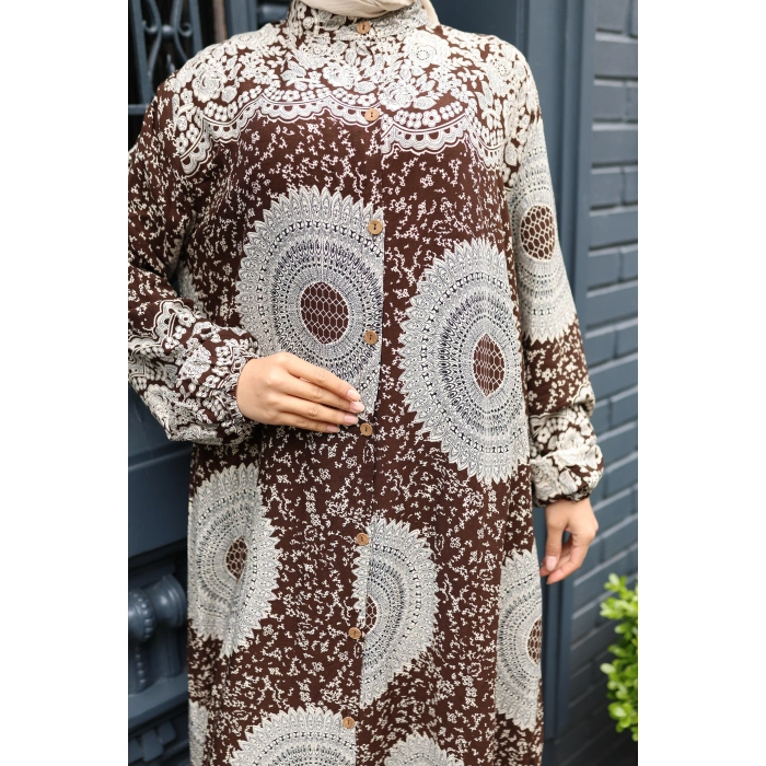 KADIN Kahverengi %100 Viskon Pamuklu Boydan Düğmeli Etnik Desen Bol Kesim Tesettür Elbise E743