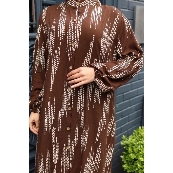 KADIN Kahverengi %100 Viskon Pamuklu Küçük Kare Desen Bol Kesim Tesettür Elbise Dv785