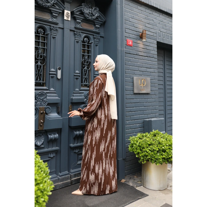 KADIN Kahverengi %100 Viskon Pamuklu Küçük Kare Desen Bol Kesim Tesettür Elbise Dv785