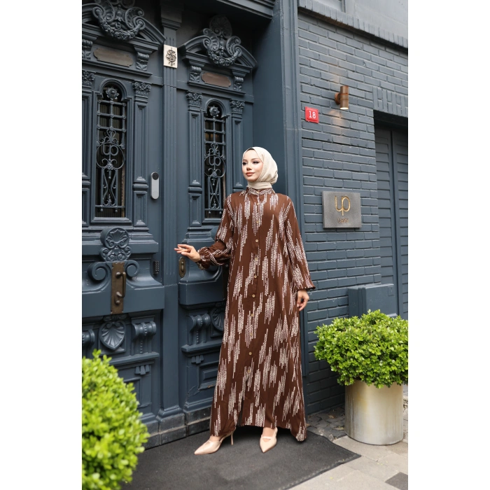 KADIN Kahverengi %100 Viskon Pamuklu Küçük Kare Desen Bol Kesim Tesettür Elbise Dv785