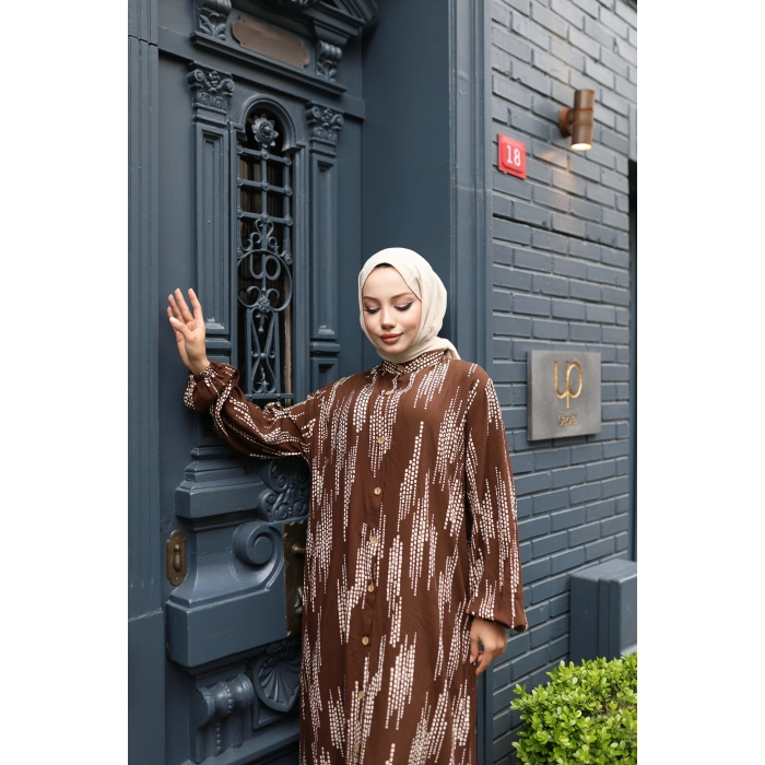 KADIN Kahverengi %100 Viskon Pamuklu Küçük Kare Desen Bol Kesim Tesettür Elbise Dv785