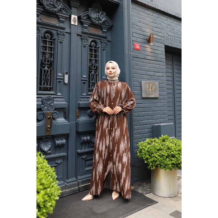 KADIN Kahverengi %100 Viskon Pamuklu Küçük Kare Desen Bol Kesim Tesettür Elbise Dv785