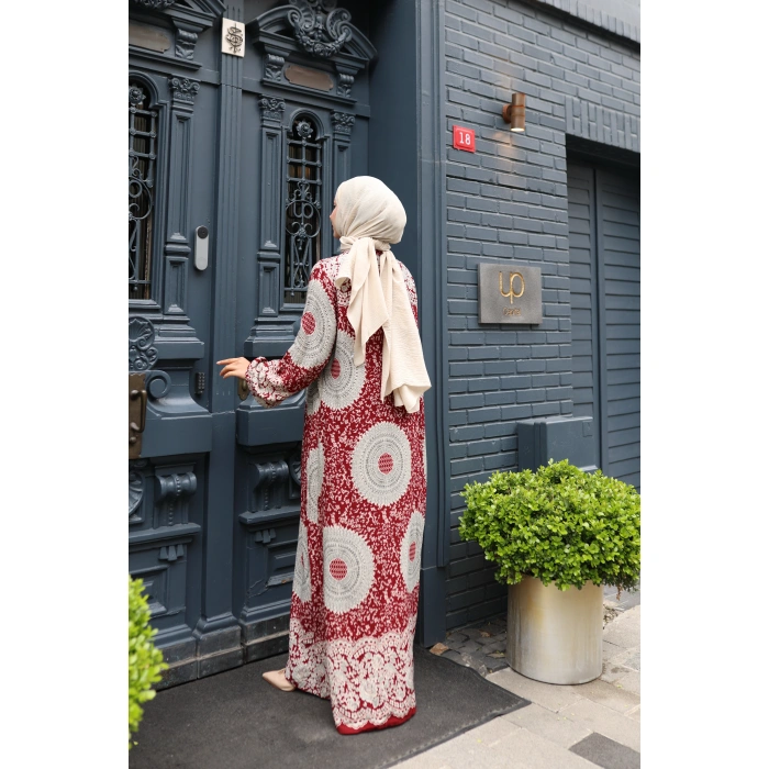 KADIN Kırmızı %100 Viskon Pamuklu Boydan Düğmeli Etnik Desen Bol Kesim Tesettür Elbise E744