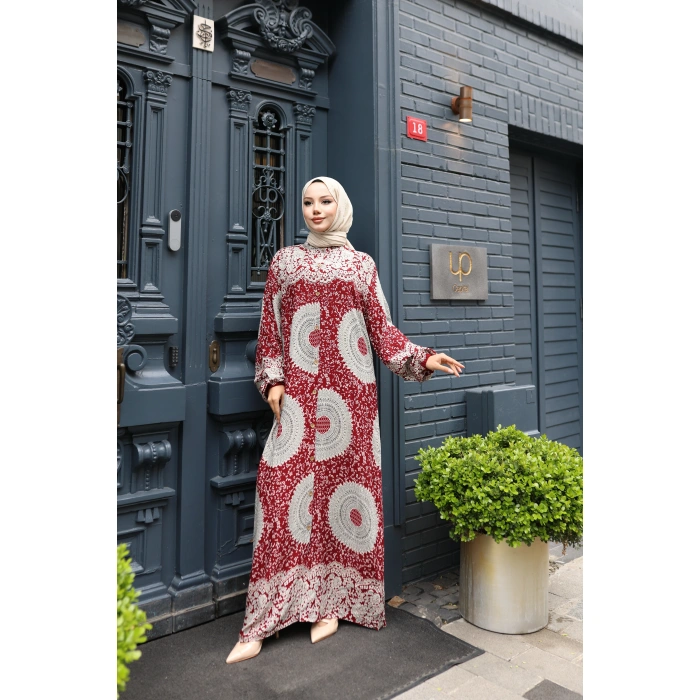 KADIN Kırmızı %100 Viskon Pamuklu Boydan Düğmeli Etnik Desen Bol Kesim Tesettür Elbise E744