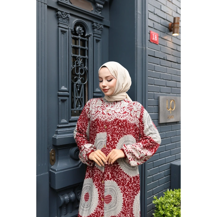KADIN Kırmızı %100 Viskon Pamuklu Boydan Düğmeli Etnik Desen Bol Kesim Tesettür Elbise E744