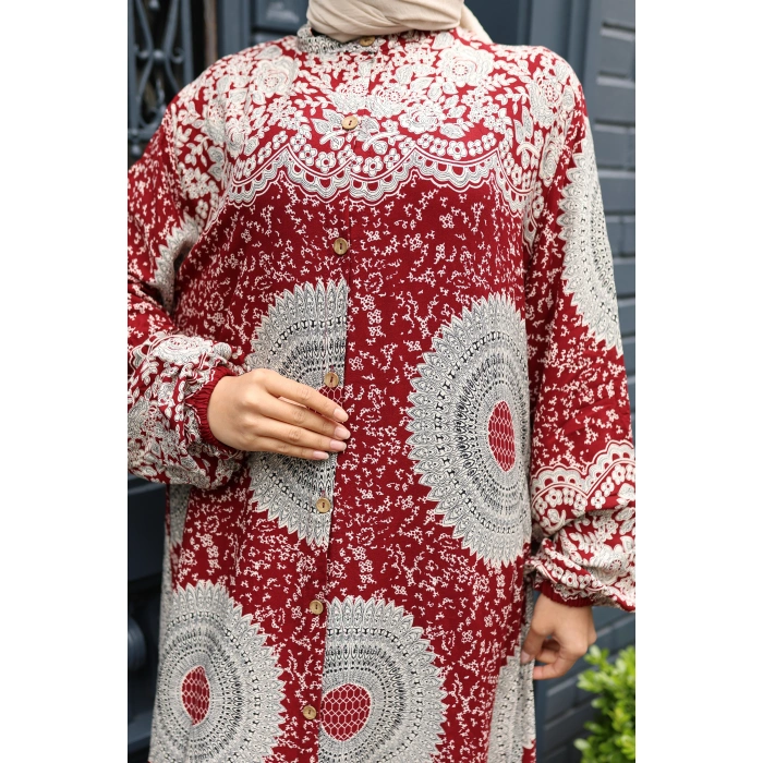KADIN Kırmızı %100 Viskon Pamuklu Boydan Düğmeli Etnik Desen Bol Kesim Tesettür Elbise E744