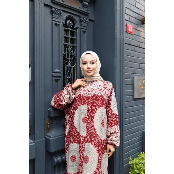 KADIN Kırmızı %100 Viskon Pamuklu Boydan Düğmeli Etnik Desen Bol Kesim Tesettür Elbise E744