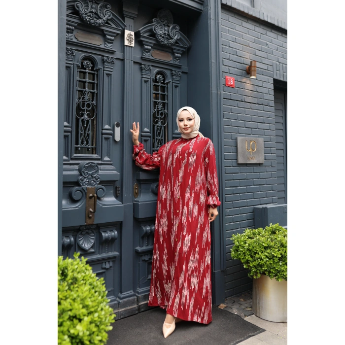 KADIN Kırmızı %100 Viskon Pamuklu Küçük Kare Desen Bol Kesim Tesettür Elbise Dv787