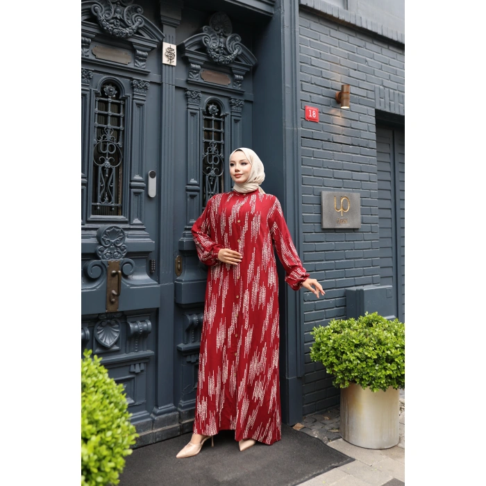 KADIN Kırmızı %100 Viskon Pamuklu Küçük Kare Desen Bol Kesim Tesettür Elbise Dv787