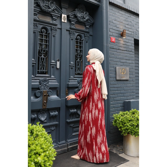 KADIN Kırmızı %100 Viskon Pamuklu Küçük Kare Desen Bol Kesim Tesettür Elbise Dv787