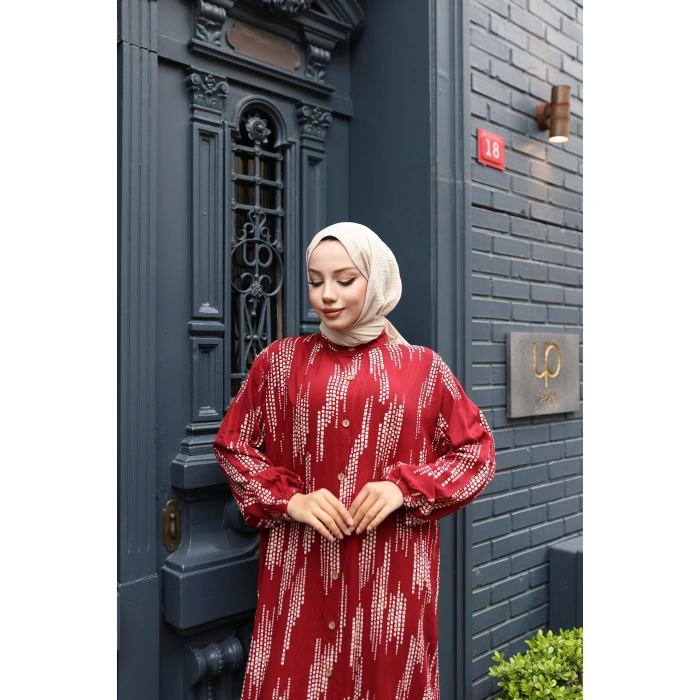 KADIN Kırmızı %100 Viskon Pamuklu Küçük Kare Desen Bol Kesim Tesettür Elbise Dv787