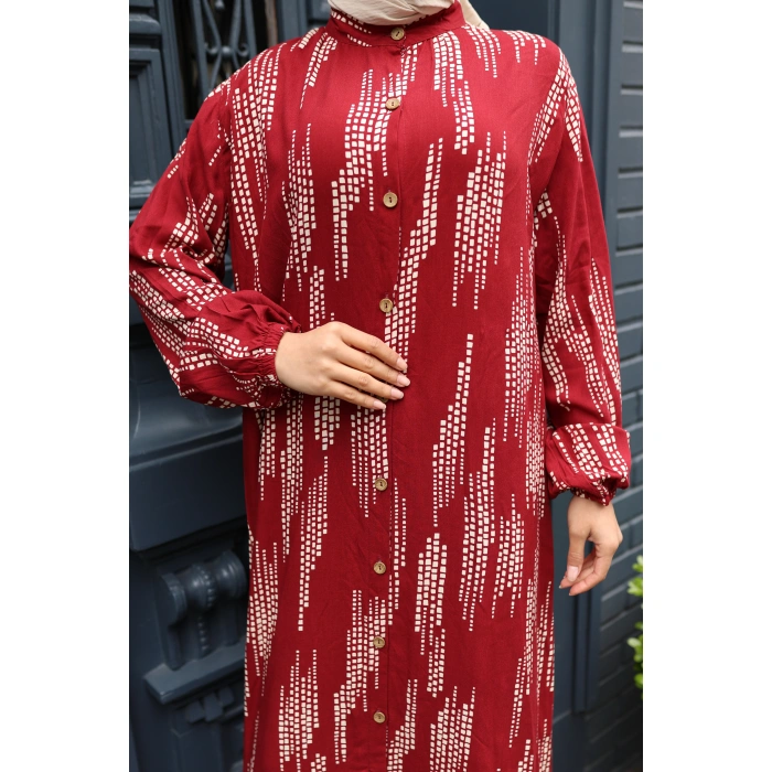 KADIN Kırmızı %100 Viskon Pamuklu Küçük Kare Desen Bol Kesim Tesettür Elbise Dv787