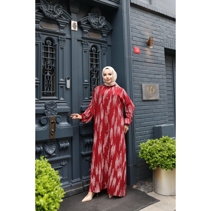 KADIN Kırmızı %100 Viskon Pamuklu Küçük Kare Desen Bol Kesim Tesettür Elbise Dv787