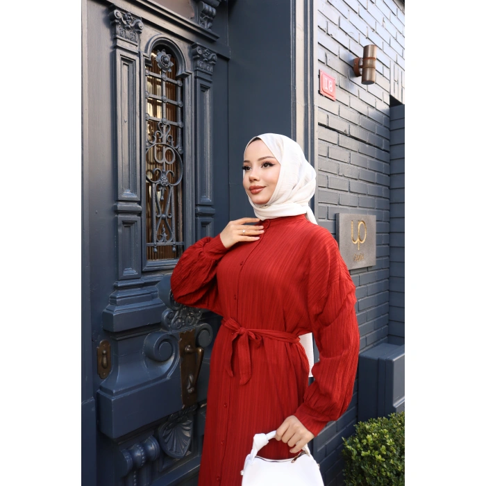 KADIN Kremit Boydan Düğmeli Yarasa Kol Kuşaklı Lara Keten Uzun Tesettür Elbise