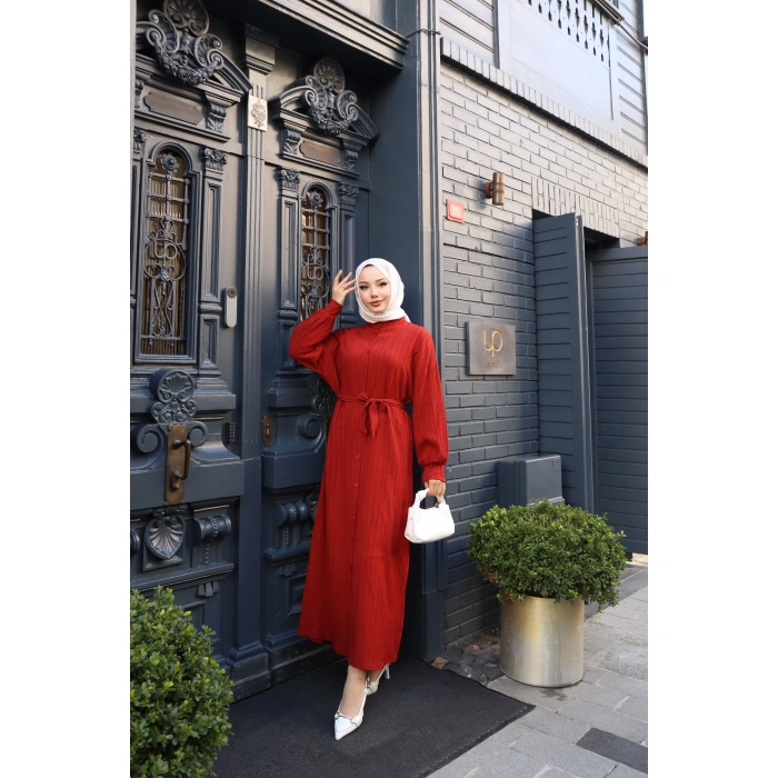 KADIN Kremit Boydan Düğmeli Yarasa Kol Kuşaklı Lara Keten Uzun Tesettür Elbise