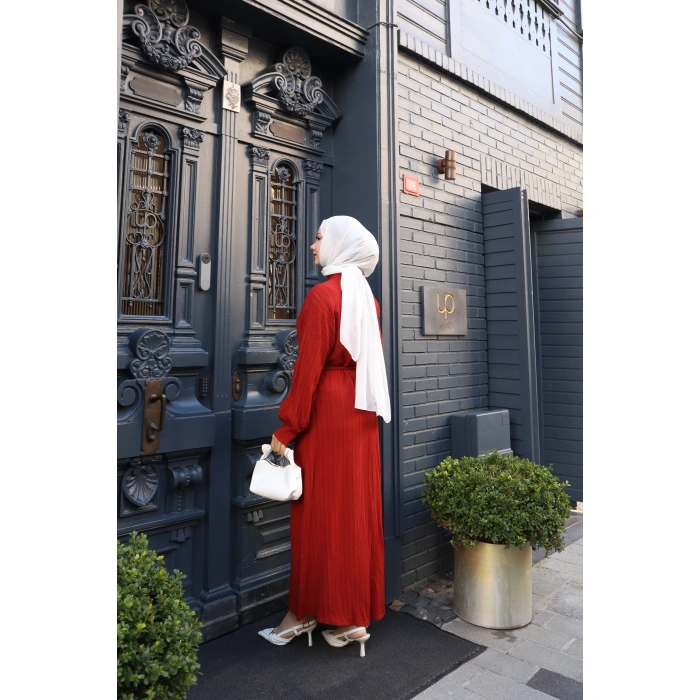 KADIN Kremit Boydan Düğmeli Yarasa Kol Kuşaklı Lara Keten Uzun Tesettür Elbise