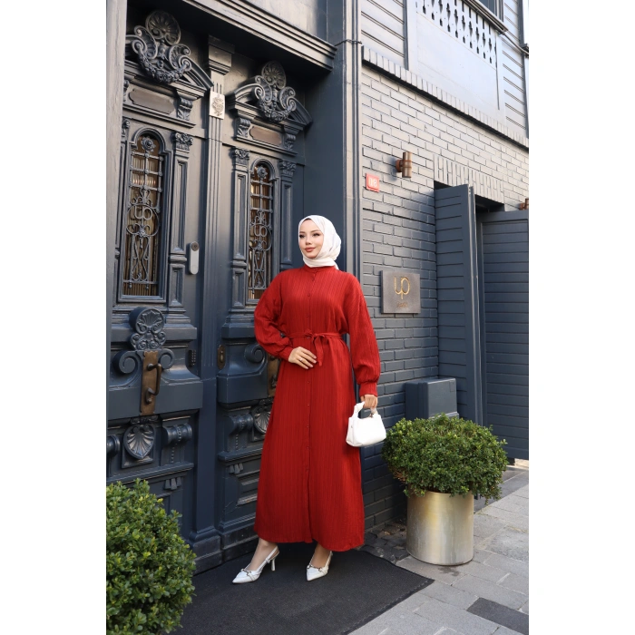 KADIN Kremit Boydan Düğmeli Yarasa Kol Kuşaklı Lara Keten Uzun Tesettür Elbise