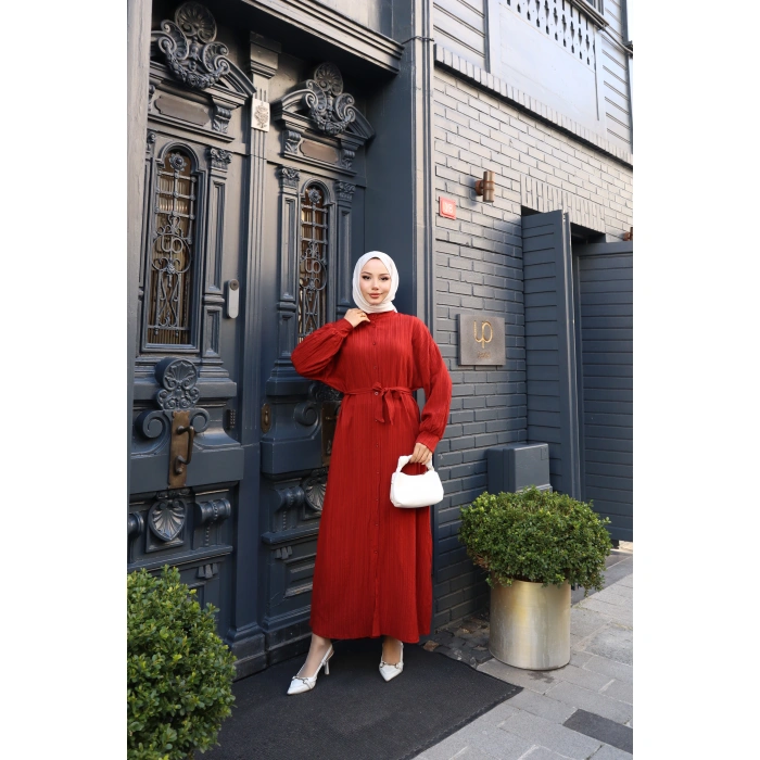 KADIN Kremit Boydan Düğmeli Yarasa Kol Kuşaklı Lara Keten Uzun Tesettür Elbise