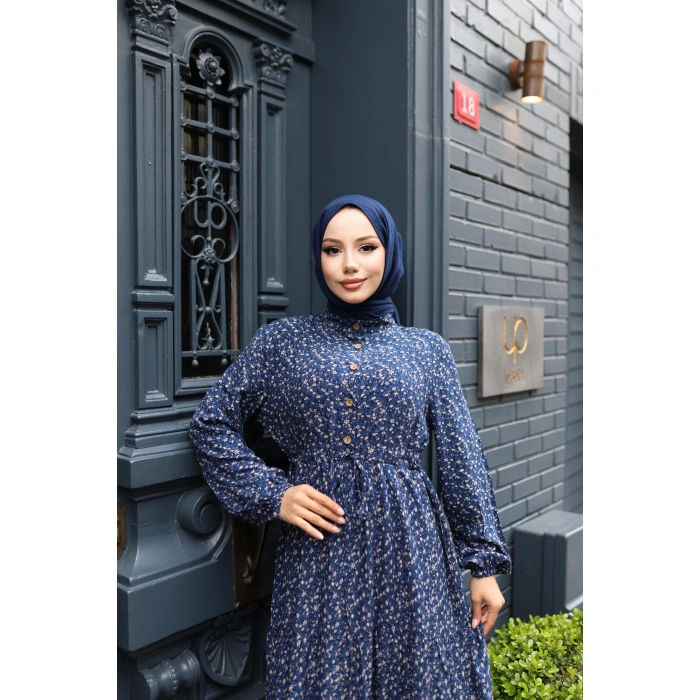 KADIN Lacivert %100 Viskon Pamuklu Belden Bağlamalı Çiçek Desen Kat Kat Elbise V9541