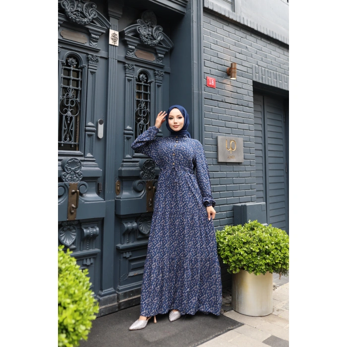 KADIN Lacivert %100 Viskon Pamuklu Belden Bağlamalı Çiçek Desen Kat Kat Elbise V9541