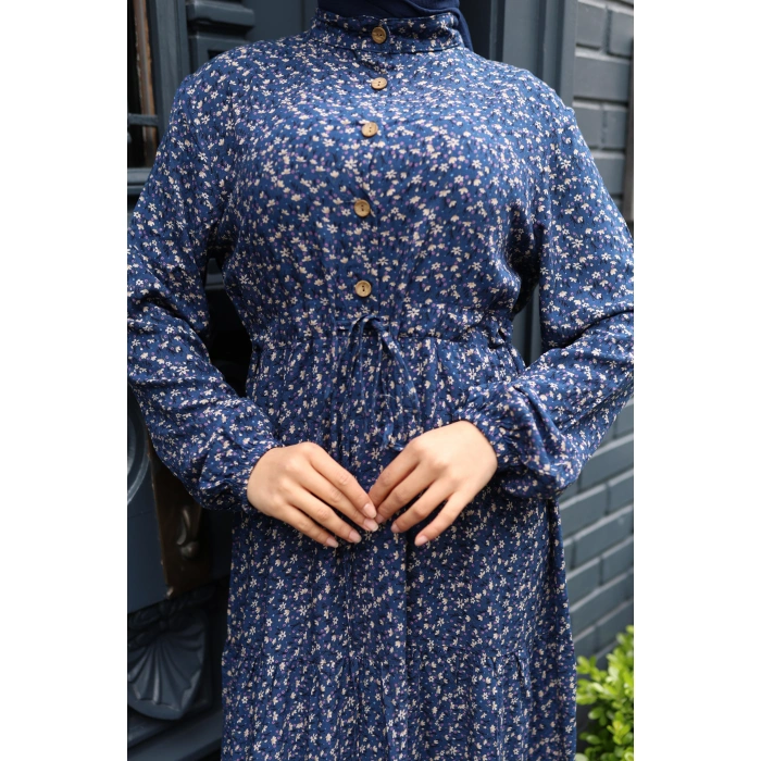 KADIN Lacivert %100 Viskon Pamuklu Belden Bağlamalı Çiçek Desen Kat Kat Elbise V9541