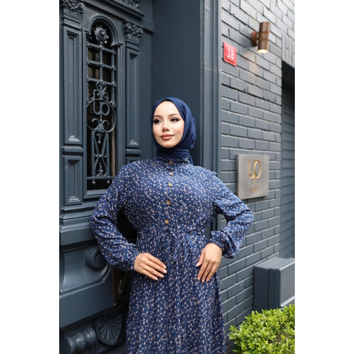 KADIN Lacivert %100 Viskon Pamuklu Belden Bağlamalı Çiçek Desen Kat Kat Elbise V9541