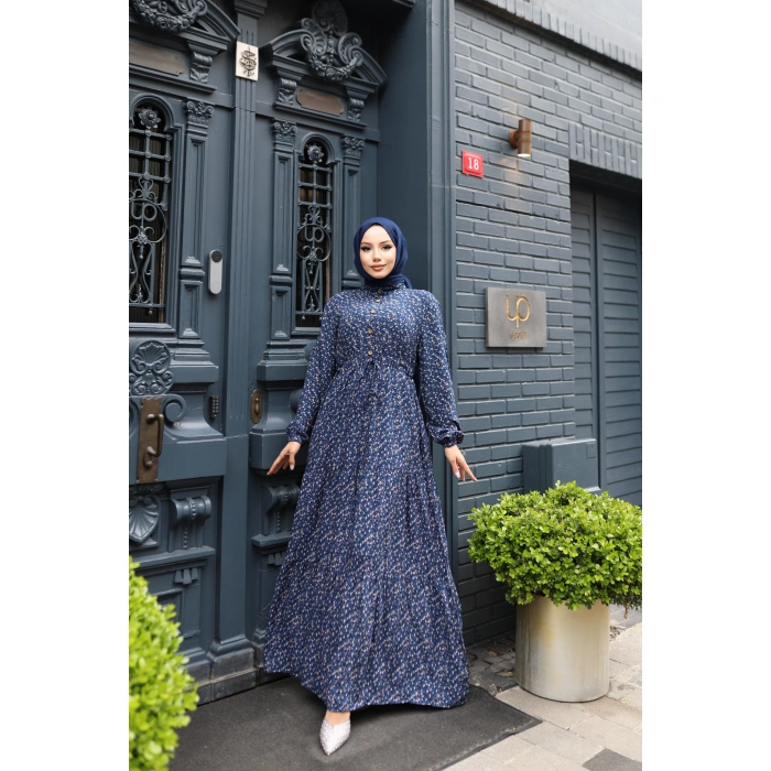 KADIN Lacivert %100 Viskon Pamuklu Belden Bağlamalı Çiçek Desen Kat Kat Elbise V9541