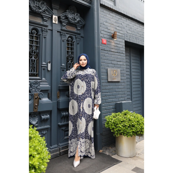 KADIN Lacivert %100 Viskon Pamuklu Boydan Düğmeli Etnik Desen Bol Kesim Tesettür Elbise E741