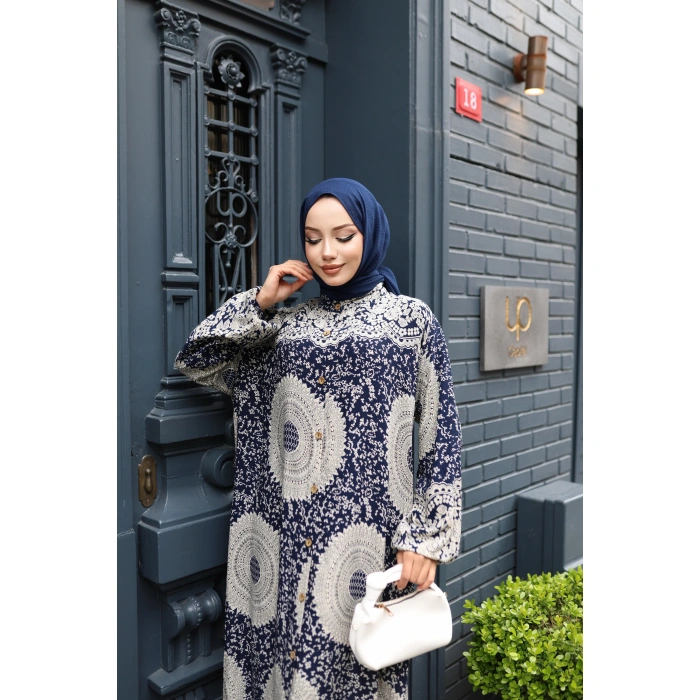 KADIN Lacivert %100 Viskon Pamuklu Boydan Düğmeli Etnik Desen Bol Kesim Tesettür Elbise E741